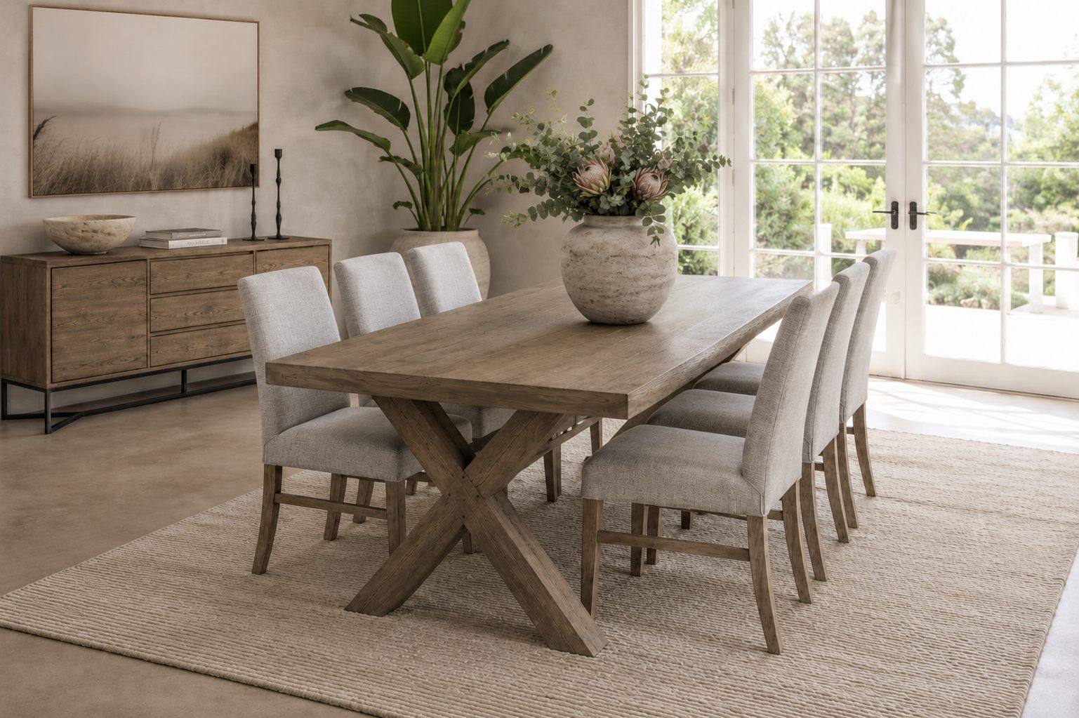 Solid oak dining table with upholstered chairs in a bright dining room
